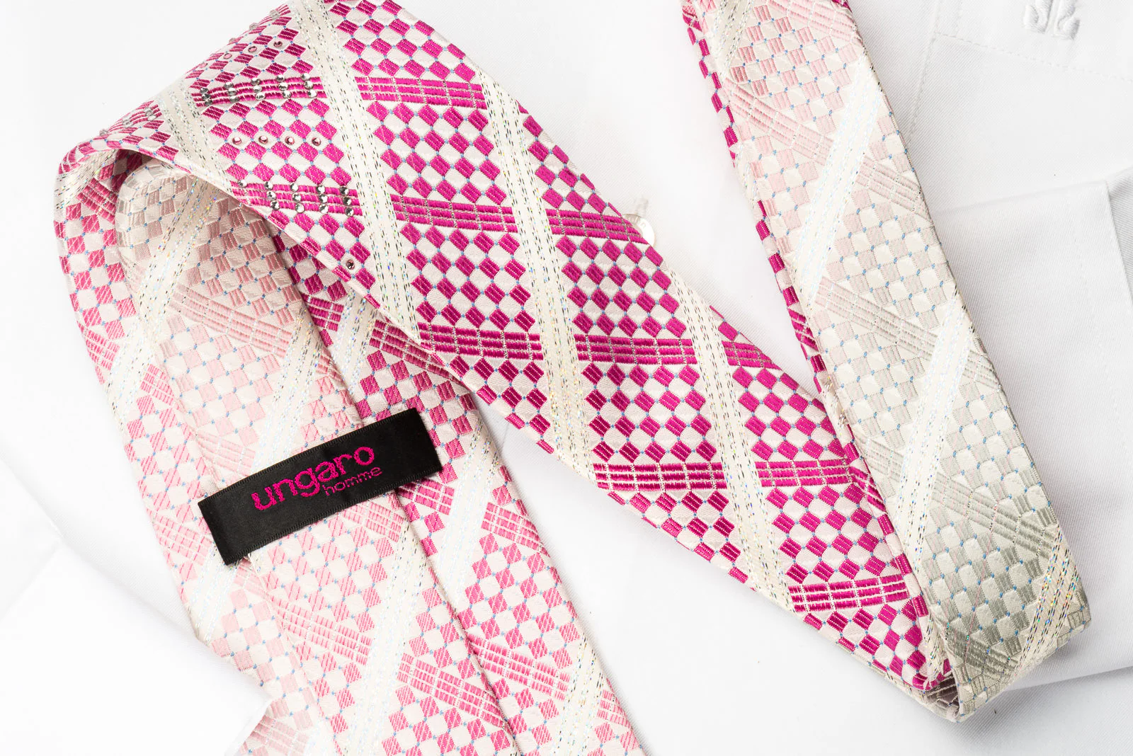 Ungaro Silk Necktie Pink Stripes On White With Purple White Rhinestones Silver Sparkles - Image 6