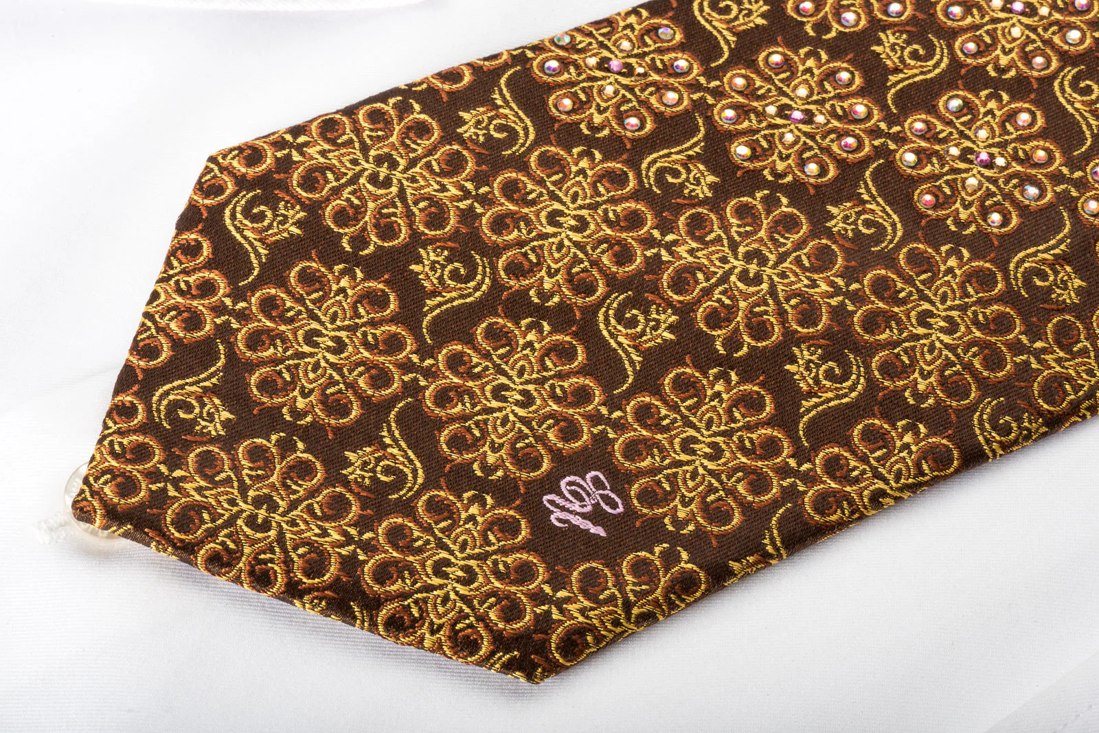 Ungaro Silk Rhinestone Necktie Golden Floral Purple Waves On Brown With Golden Sparkles - Image 5