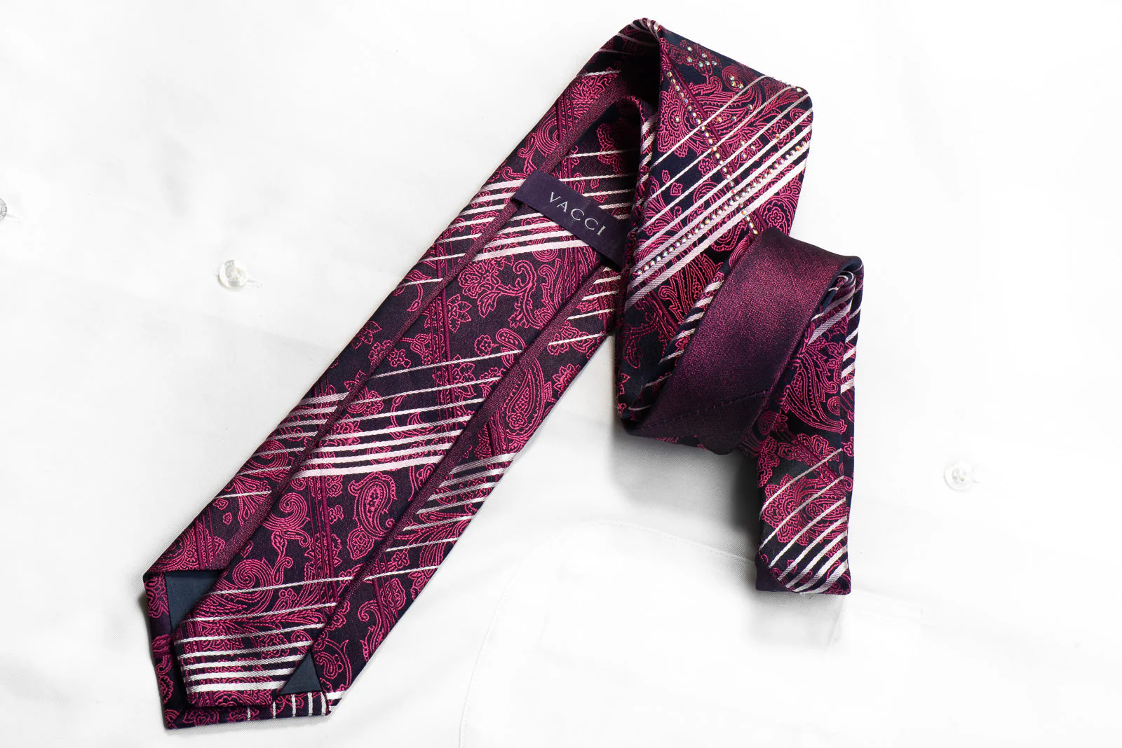 Vacci Rhinestone Silk Necktie Paisley Anthemion Silver Striped On Navy - Image 4