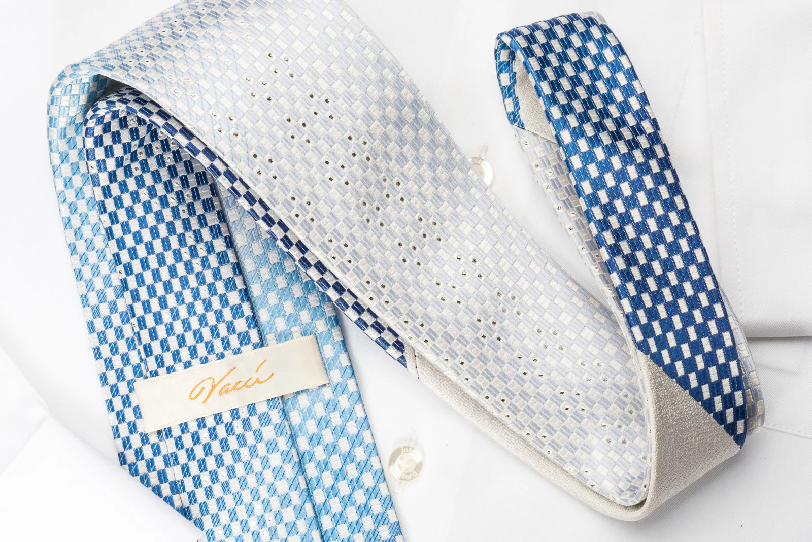 Vacci Silk Rhinestone Necktie Blue White Checker With Silver Sparkles - Image 3