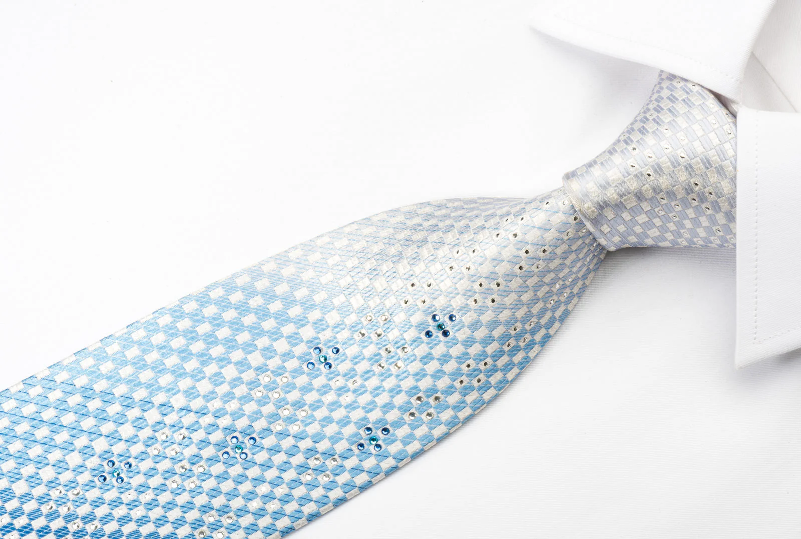 Vacci Silk Rhinestone Necktie Blue White Checker With Silver Sparkles - Image 4