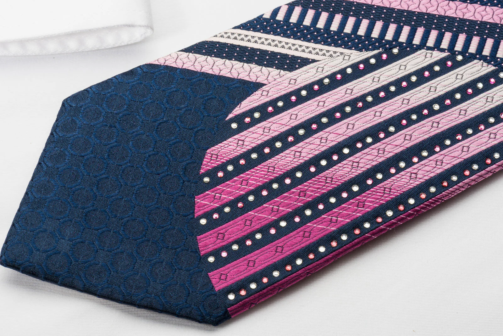 Vacci Stylish Rhinestone Necktie With Bling Pink Striped On Blue With Purple Sparkles - Image 3