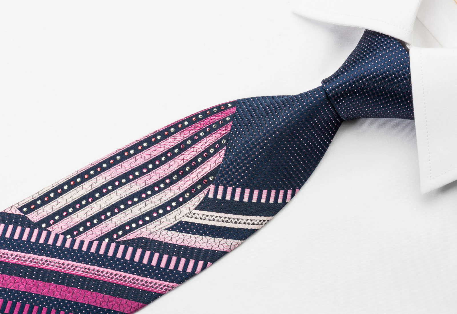 Vacci Stylish Rhinestone Necktie With Bling Pink Striped On Blue With Purple Sparkles - Image 4