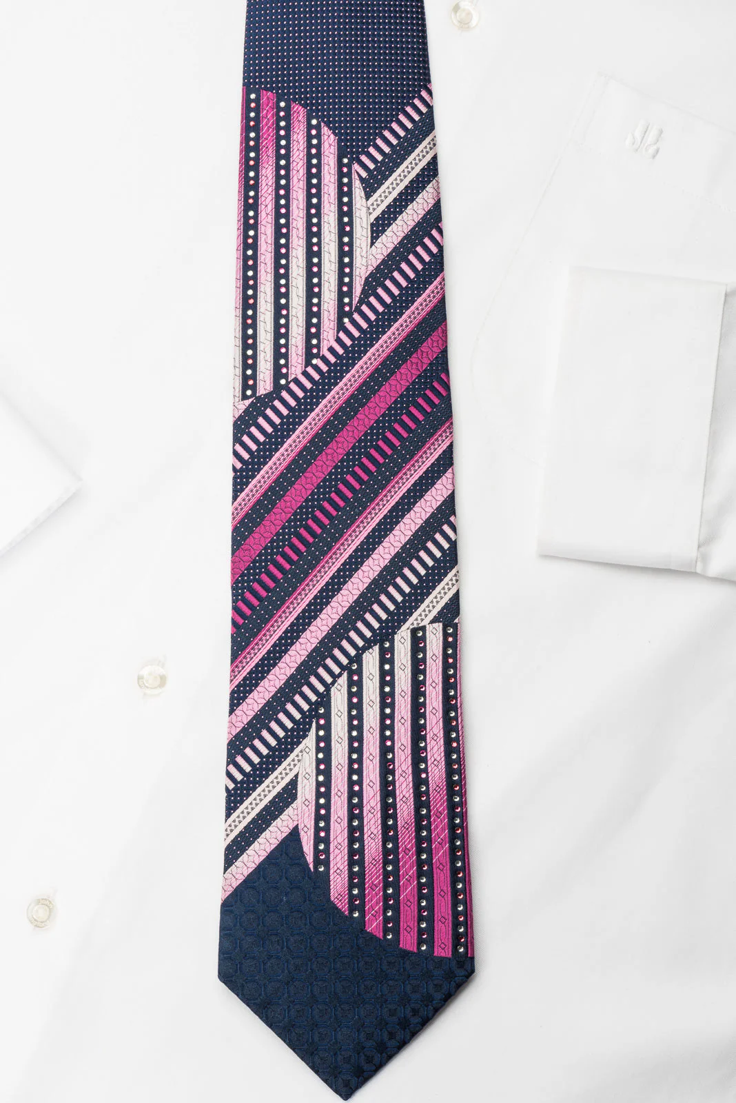 Vacci Stylish Rhinestone Necktie With Bling Pink Striped On Blue With Purple Sparkles - Image 7