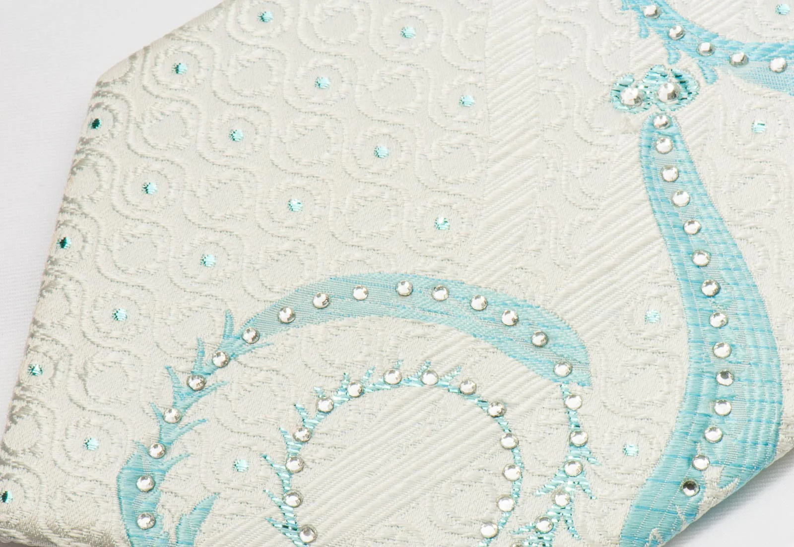 Valentino Rich Men's Silk Rhinestone Tie Blue Scrolls On White With Blue Sparkles - Image 5