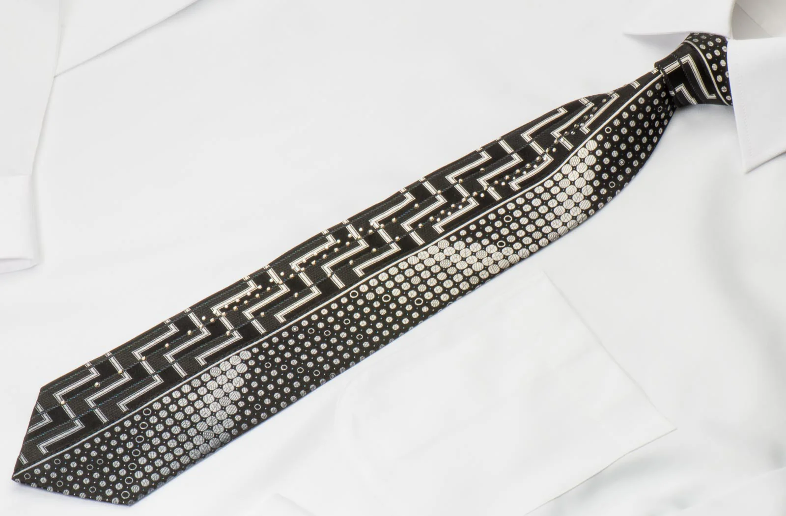Valentino Rich Men's Silk Tie Silver Geometric On Black With Crystal Rhinestones - Image 2