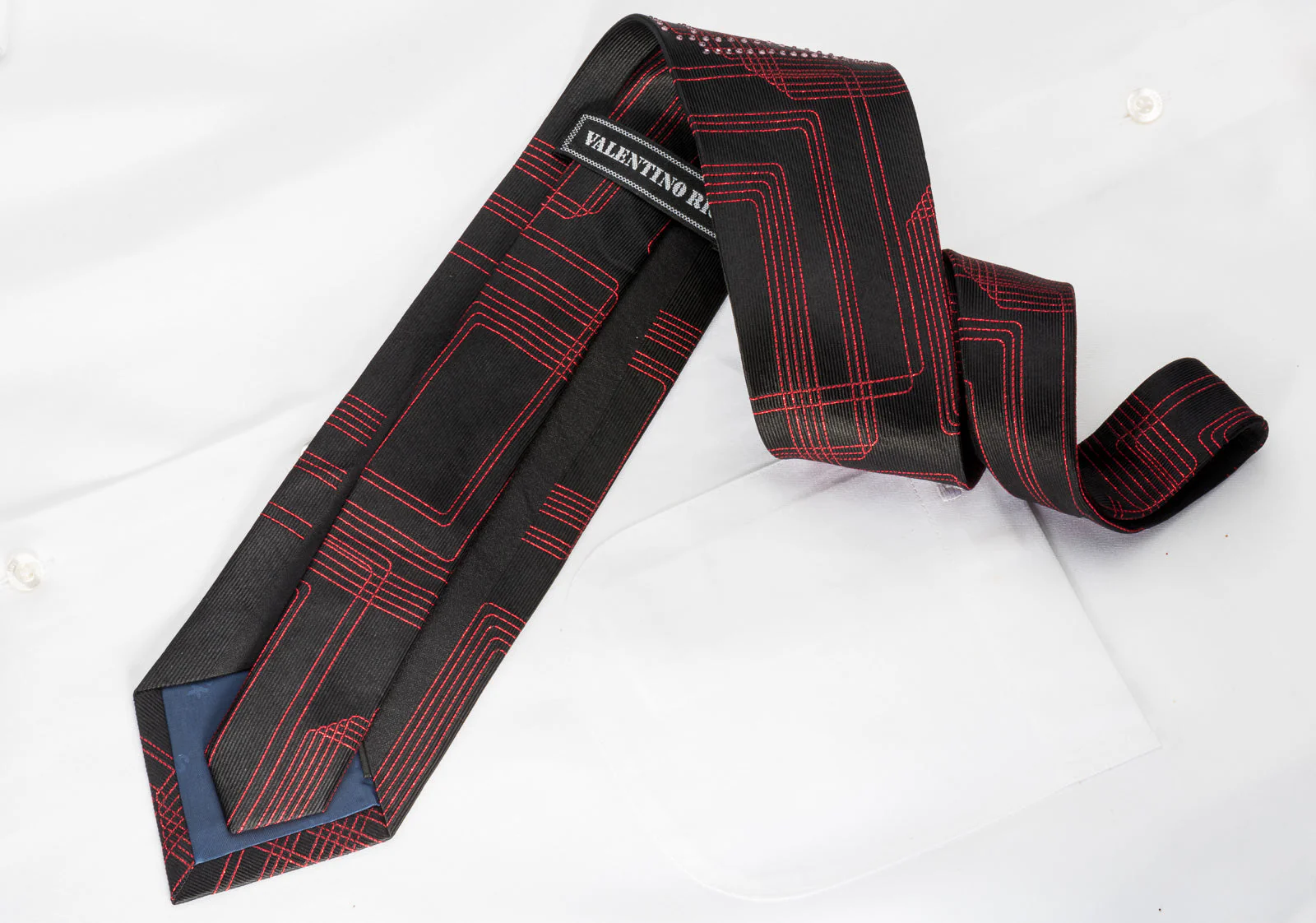 Valentino Rich Woven Silk Rhinestone Necktie Red Geometric On Black With Red Sparkles - Image 4