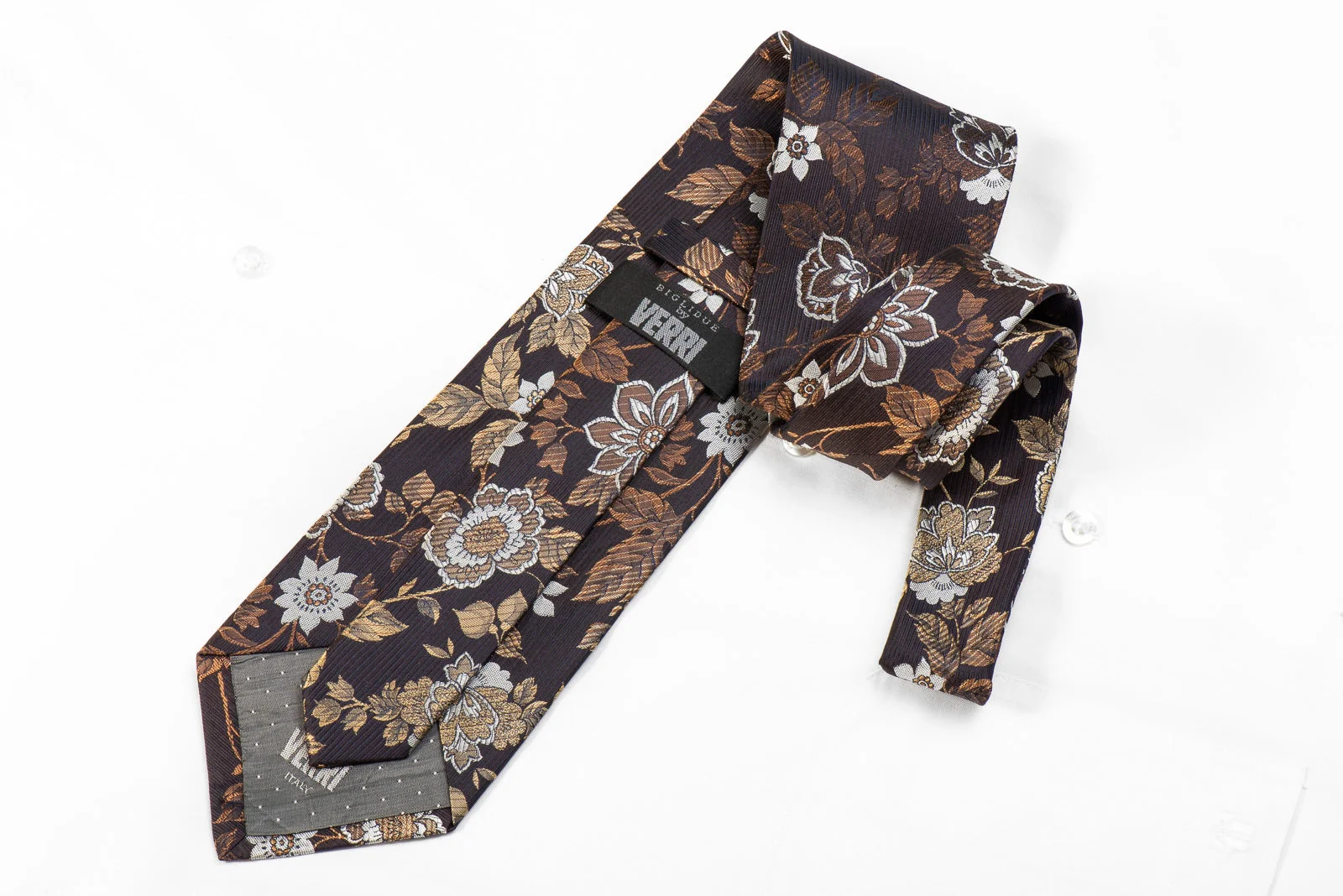Verri Men's Crystal Silk Necktie Floral On Brown Sparkling With Rhinestones - Image 4