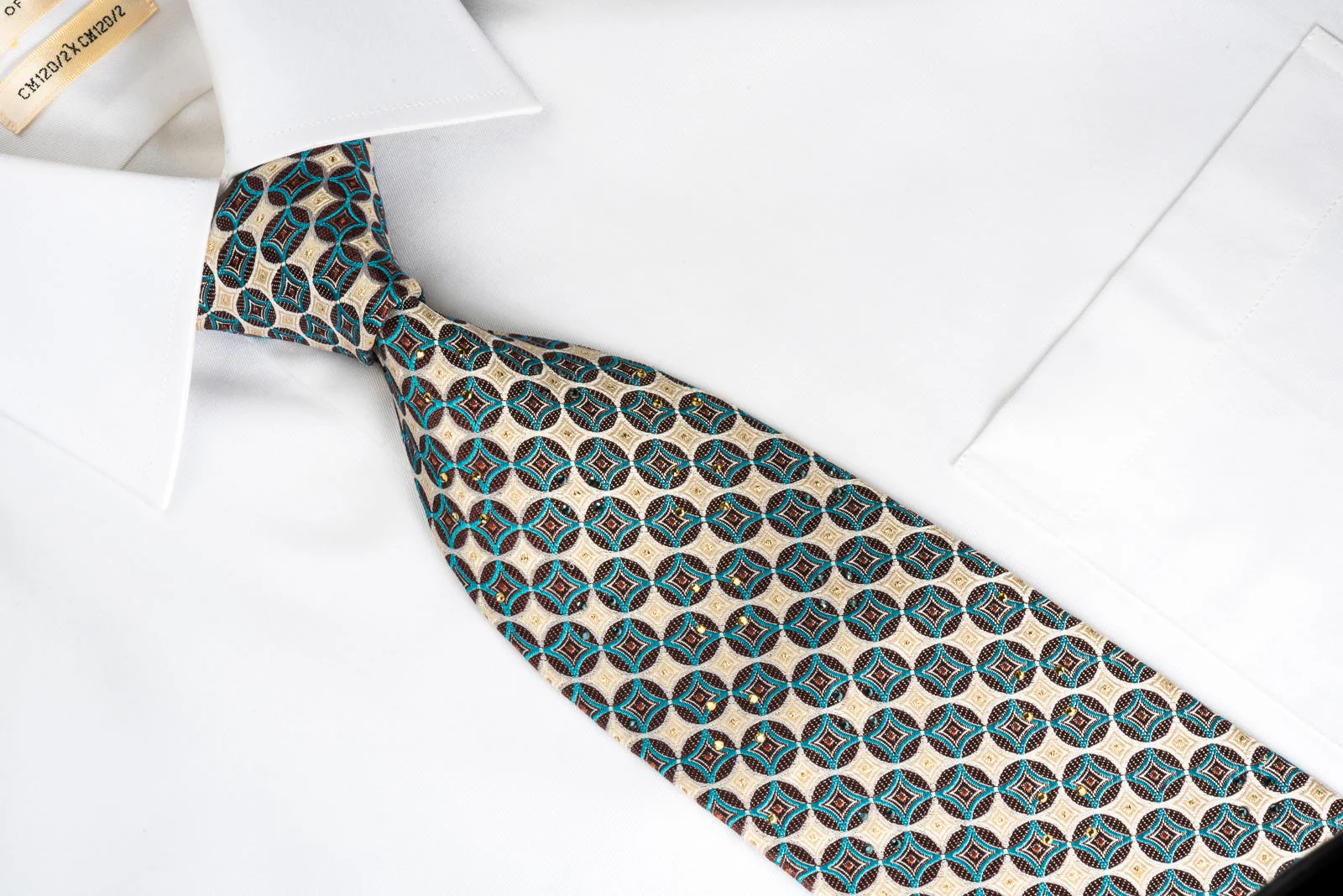Vigevano Rhinestone Tie Brown Turquoise Geometric Circles On Silver Beige With Sparkles - Image 2