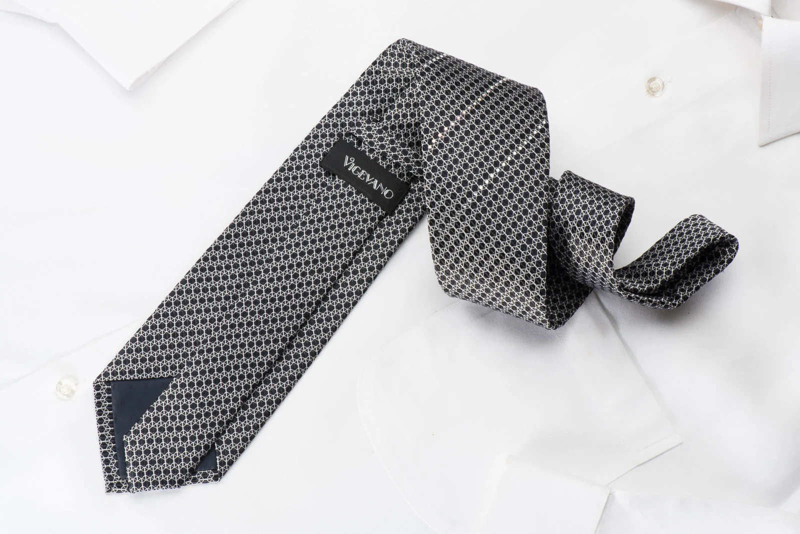 Vigevano Silk Necktie Silver Trellis & Striped Rhinestones On Black - Image 6