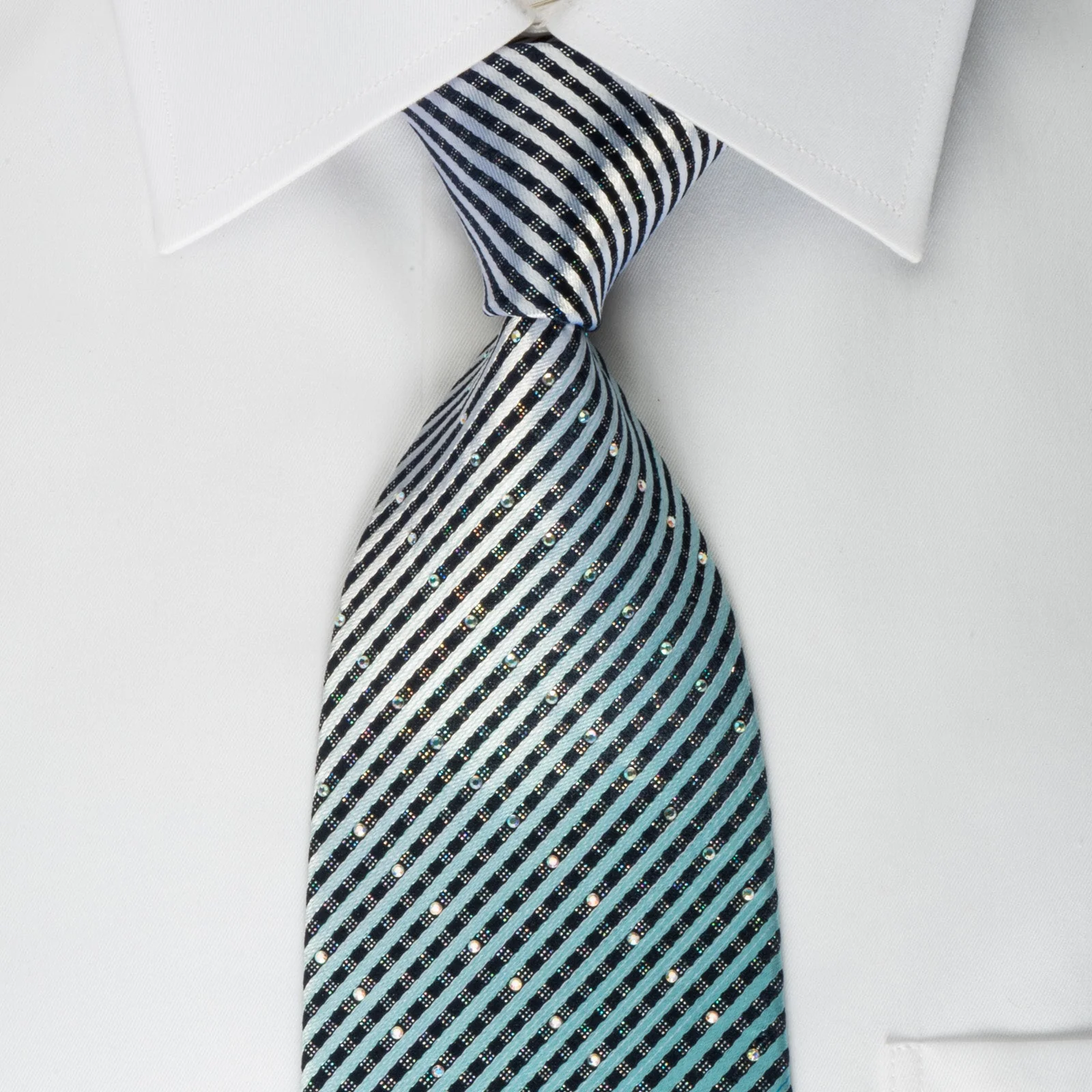 Vigevano Silk Rhinestone Necktie Silver Blue Striped On Blue With Silver Sparkles