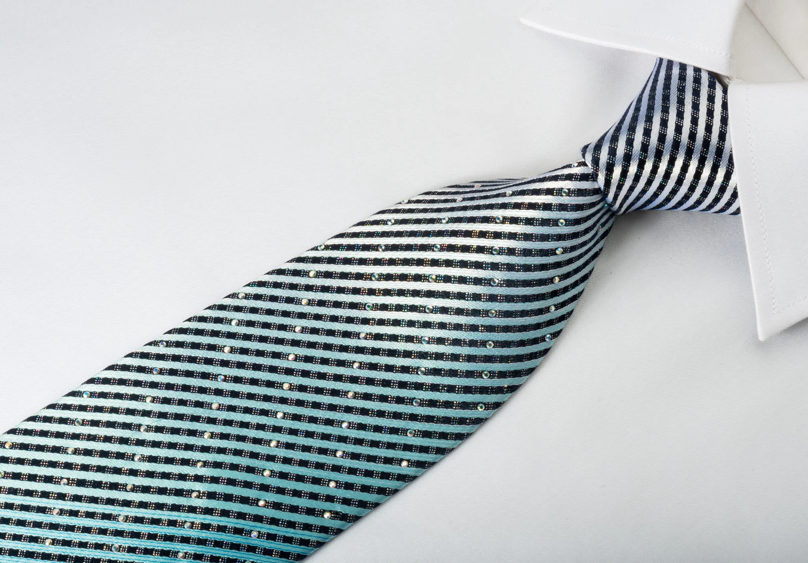 Vigevano Silk Rhinestone Necktie Silver Blue Striped On Blue With Silver Sparkles - Image 3