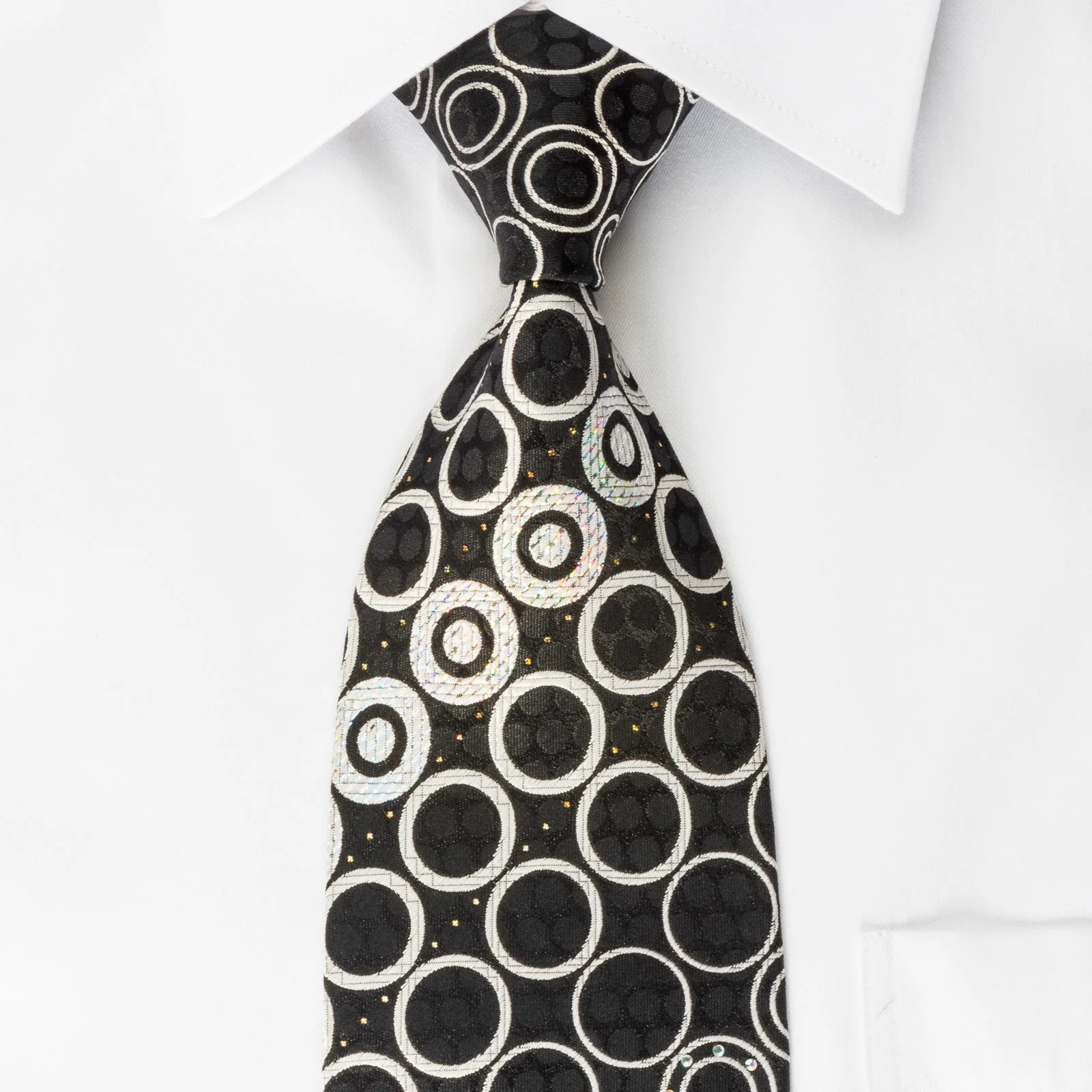 Vigevano Silk Rhinestone Tie Silver Geometric Circles On Black With Silver Sparkles