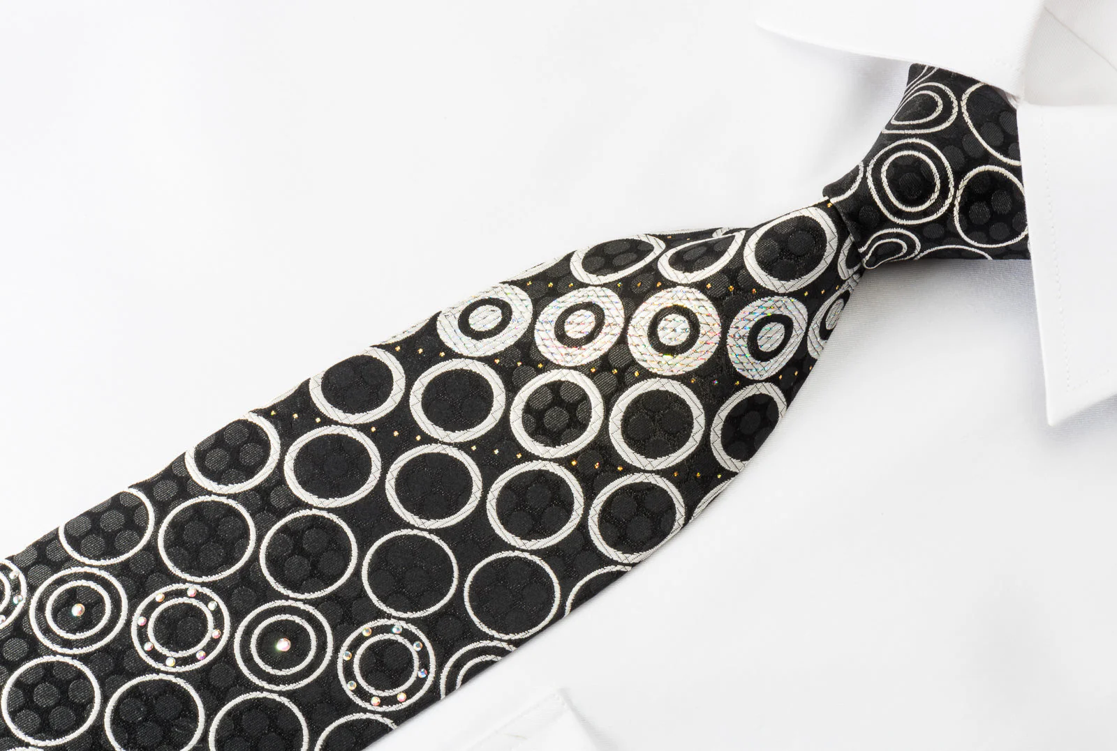 Vigevano Silk Rhinestone Tie Silver Geometric Circles On Black With Silver Sparkles - Image 4