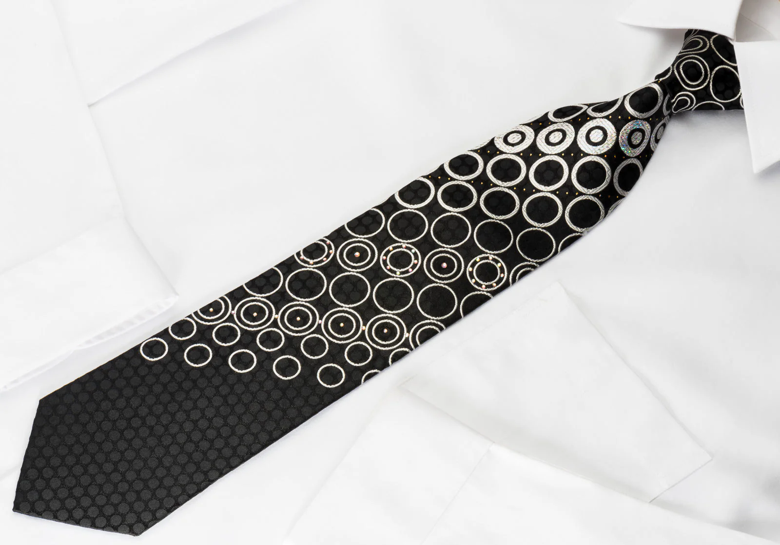 Vigevano Silk Rhinestone Tie Silver Geometric Circles On Black With Silver Sparkles - Image 6