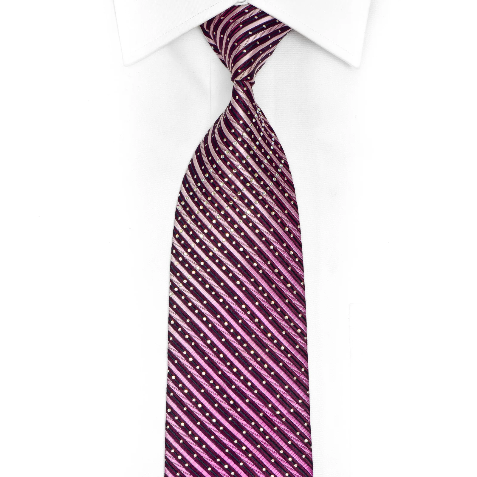 Violet Burgundy Striped Rhinestone Silk Necktie With Sparkles
