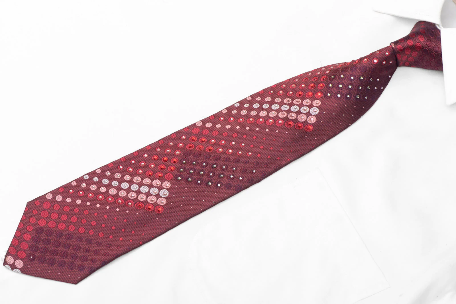Geometric Circles On Burgundy Rhinestone Silk Necktie - Image 3