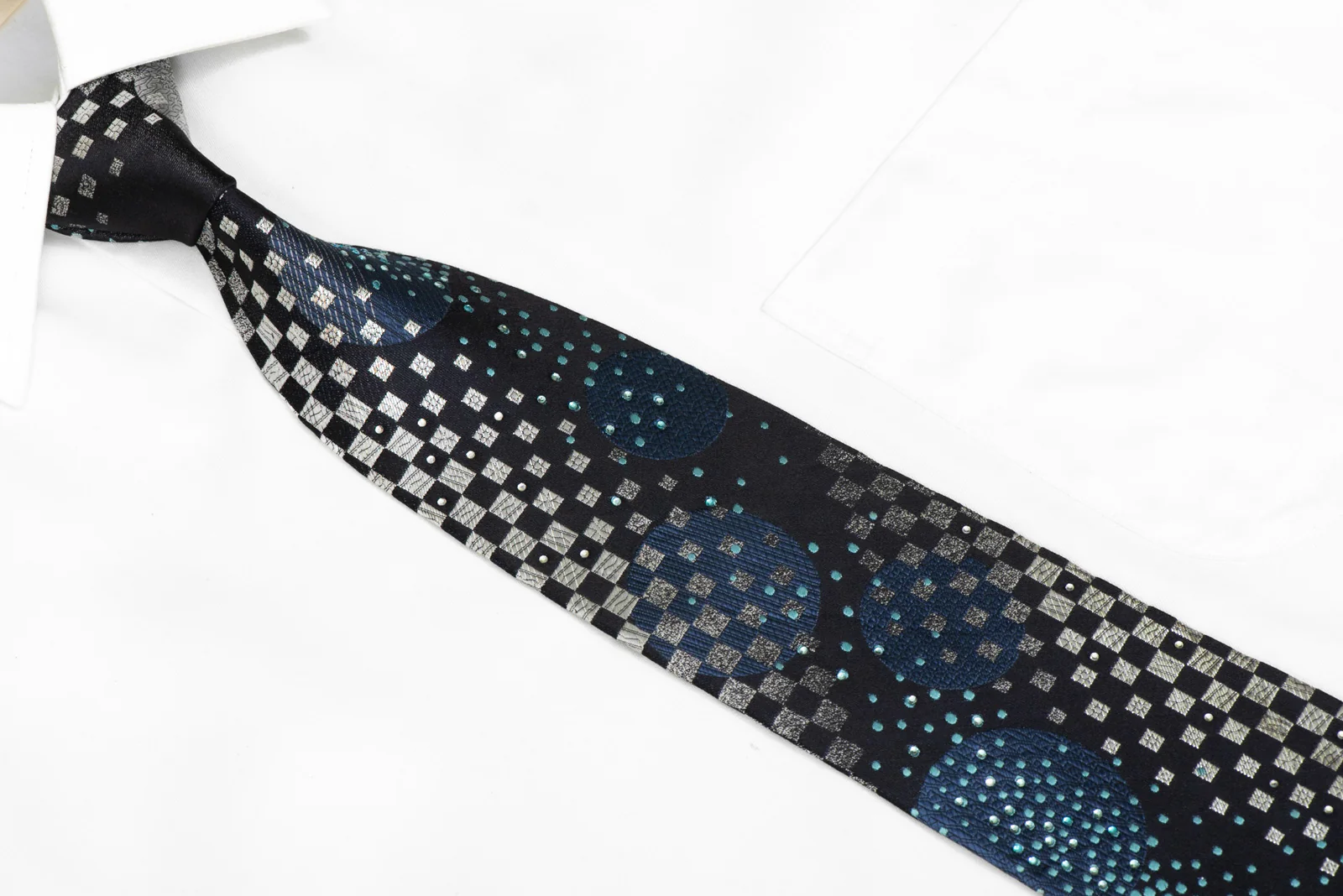 Silver Blue geometric On Navy Rhinestone Silk Tie With Sparkles - Image 2