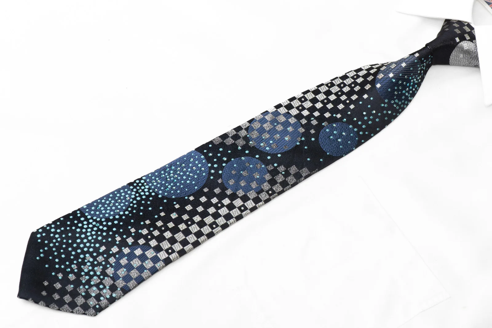 Silver Blue geometric On Navy Rhinestone Silk Tie With Sparkles - Image 3