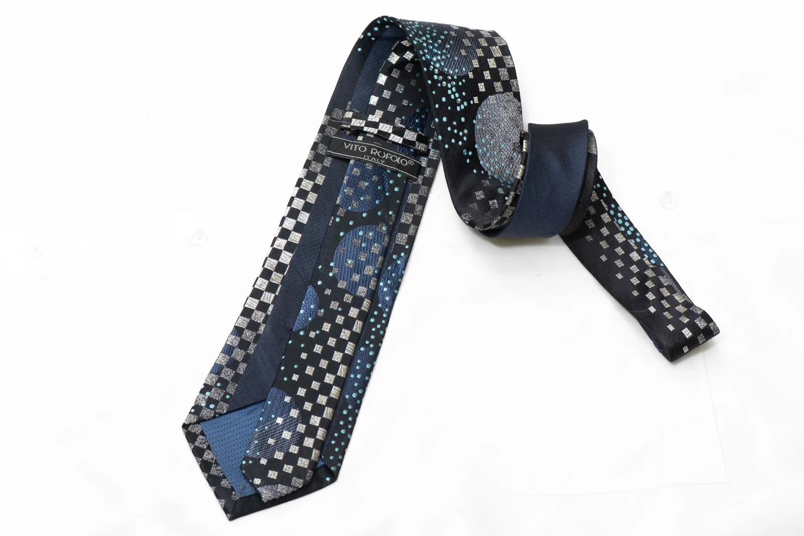Silver Blue geometric On Navy Rhinestone Silk Tie With Sparkles - Image 4