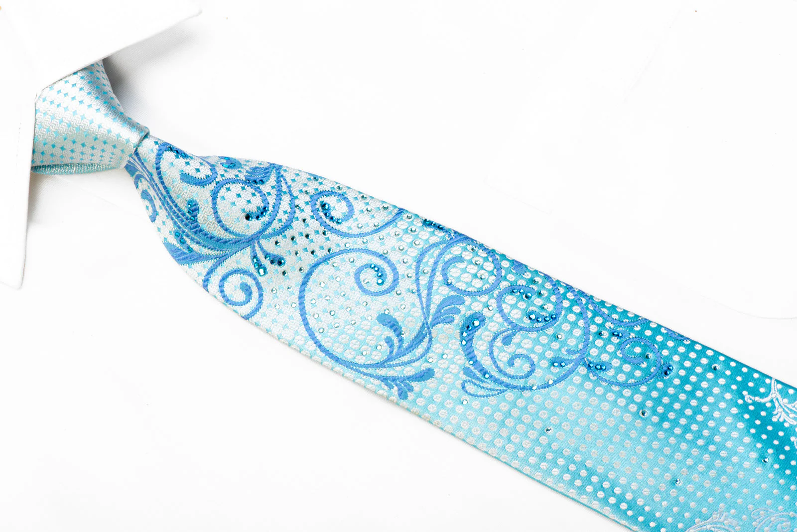 Vito Rufolo Crystal Rhinestone Silk Tie Silver Blue Scrolls On Pale Blue - Image 2