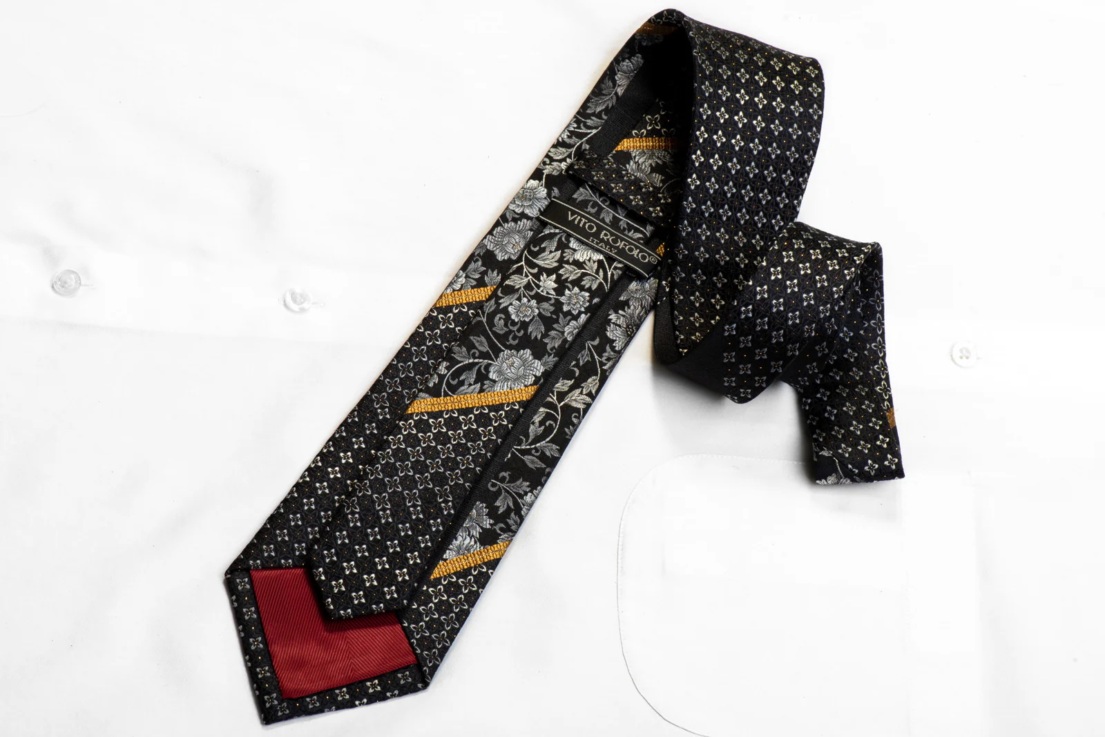 Vito Rufolo Crystal Rhinestone Silk Tie Silver Floral On Black With Gold Sparkles - Image 5