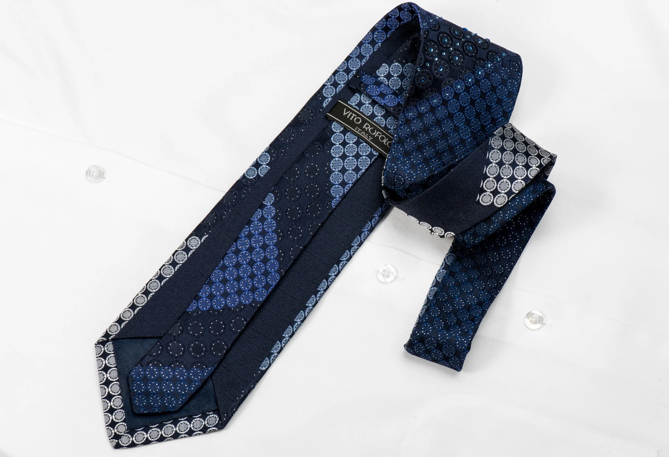 Vito Rufolo Men's Crystal Necktie Geometric Circles On Navy With Silver Sparkles - Image 4