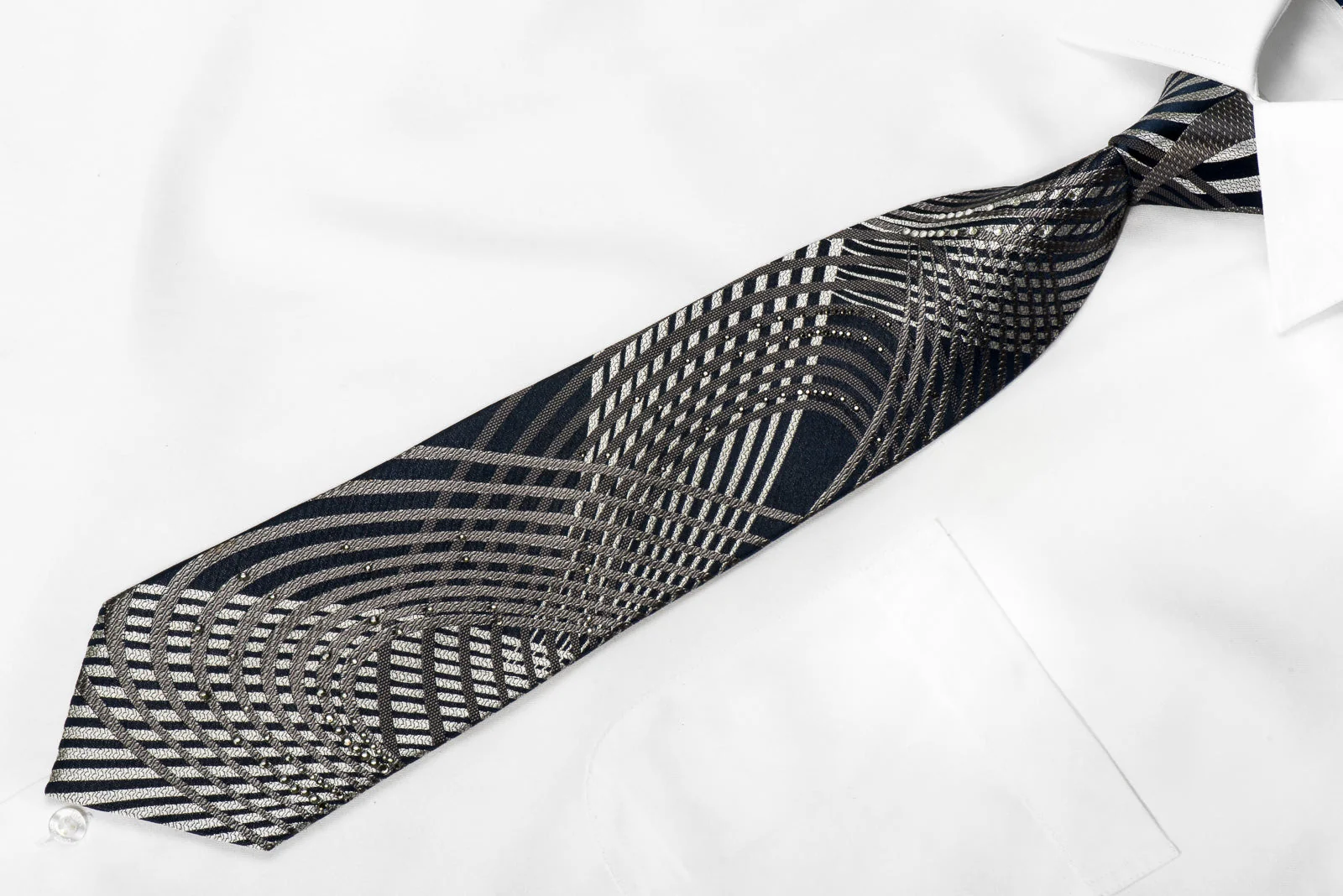 Vito Rufolo Men's Crystal Necktie Silver Geometric Scrolls On Navy Sparkling With Rhinestones - Image 3