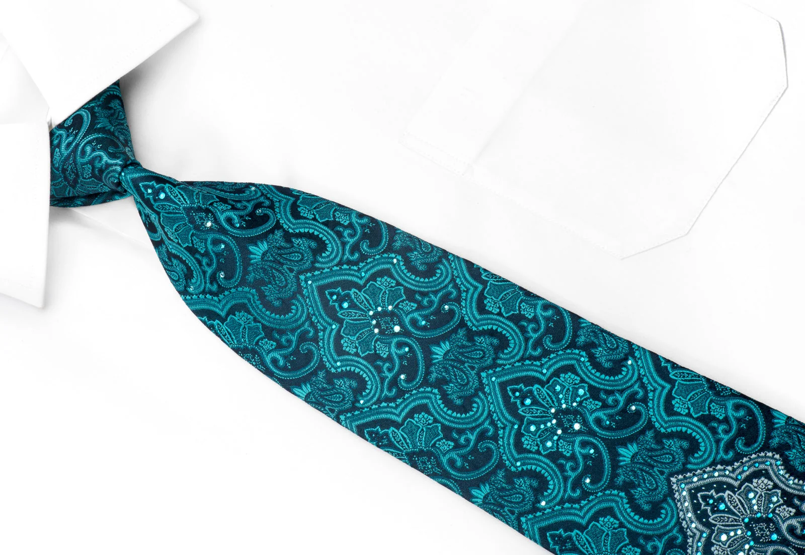 Vito Rufolo Men's Crystal Rhinestone Silk Necktie Damask On Teal With Silver Sparkles - Image 2