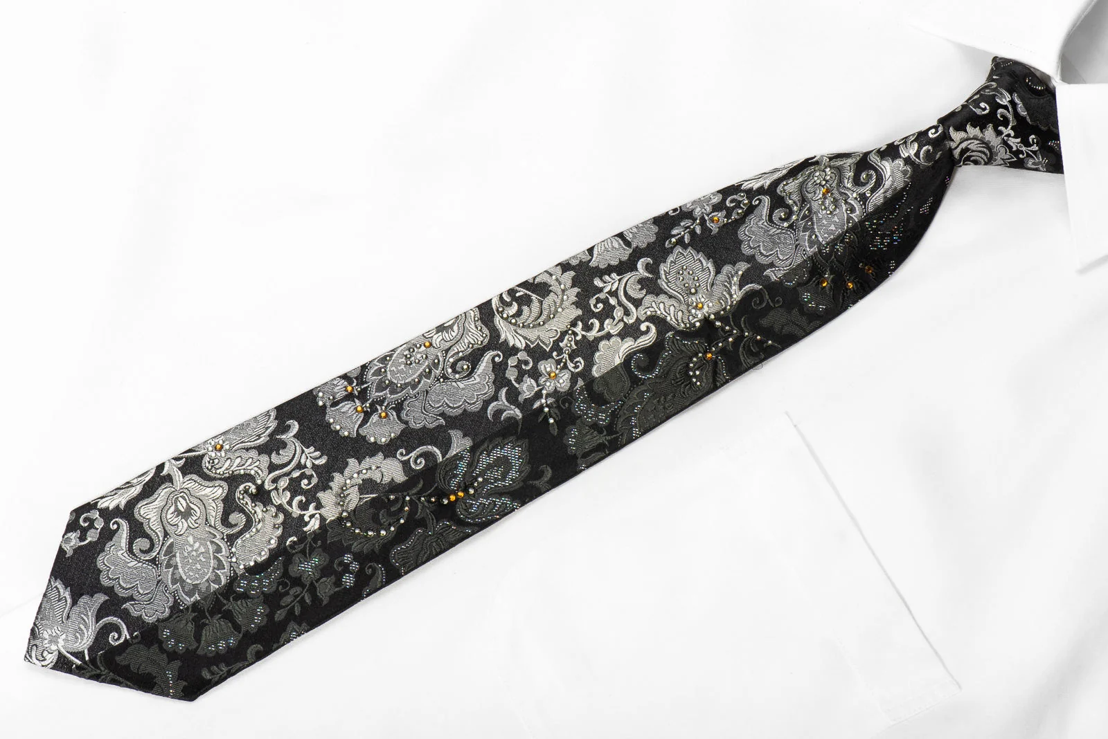 Vito Rufolo Men's Crystal Rhinestone Silk Necktie Silver Anthemion On Black With Sparkles - Image 4