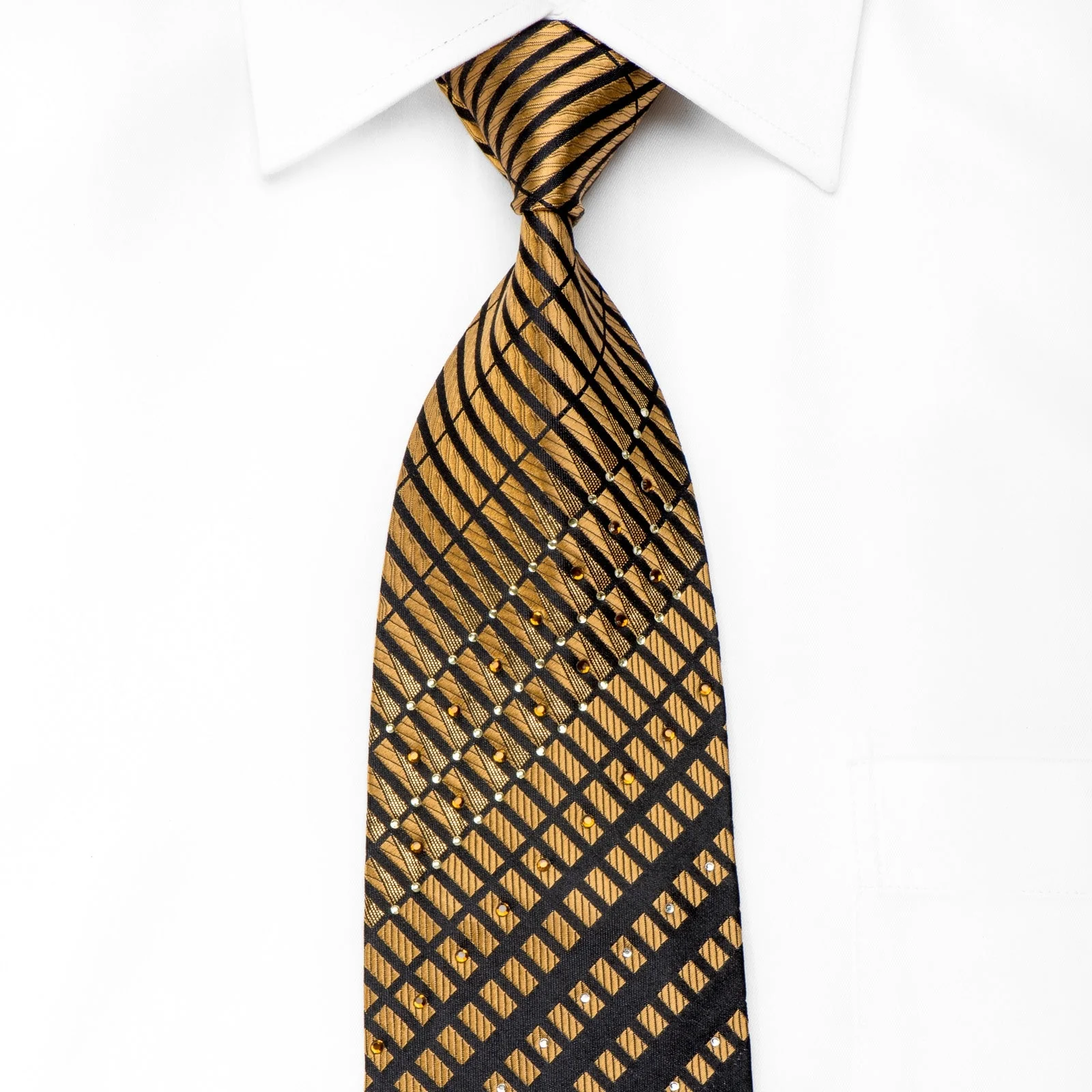 Vito Rufolo Men's Crystal Silk Necktie Gold Stripes Silver Floral On Black With Gold Sparkles