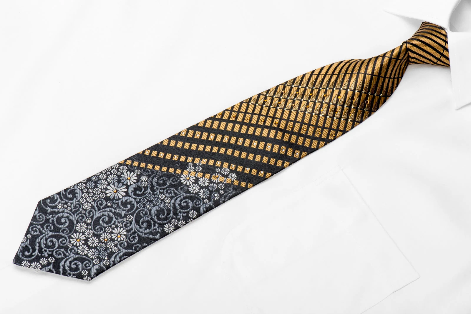 Vito Rufolo Men's Crystal Silk Necktie Gold Stripes Silver Floral On Black With Gold Sparkles - Image 3