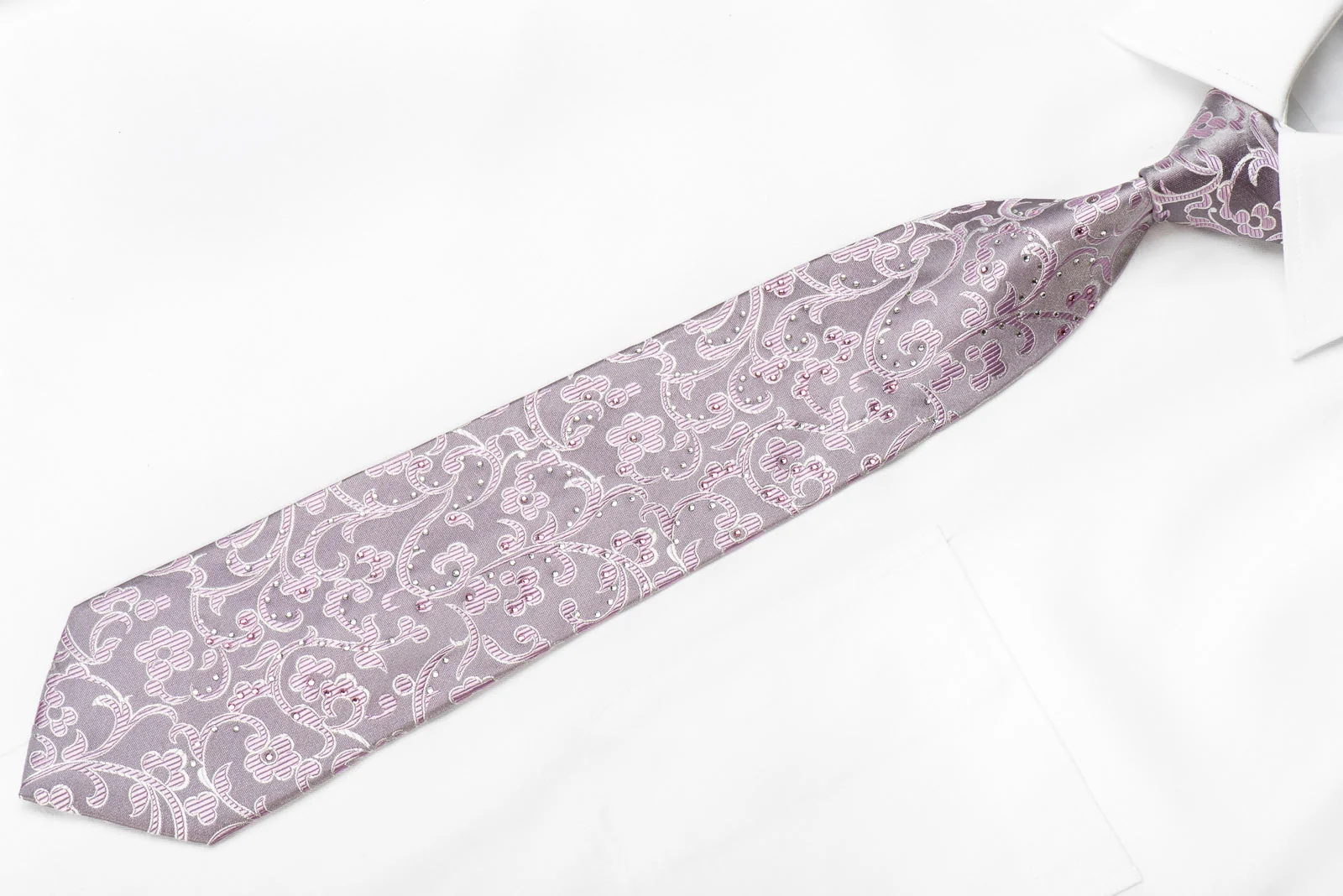 Vito Rufolo Men's Crystal Silk Necktie Pink Floral On Silver Sparkling With Rhinestones - Image 4
