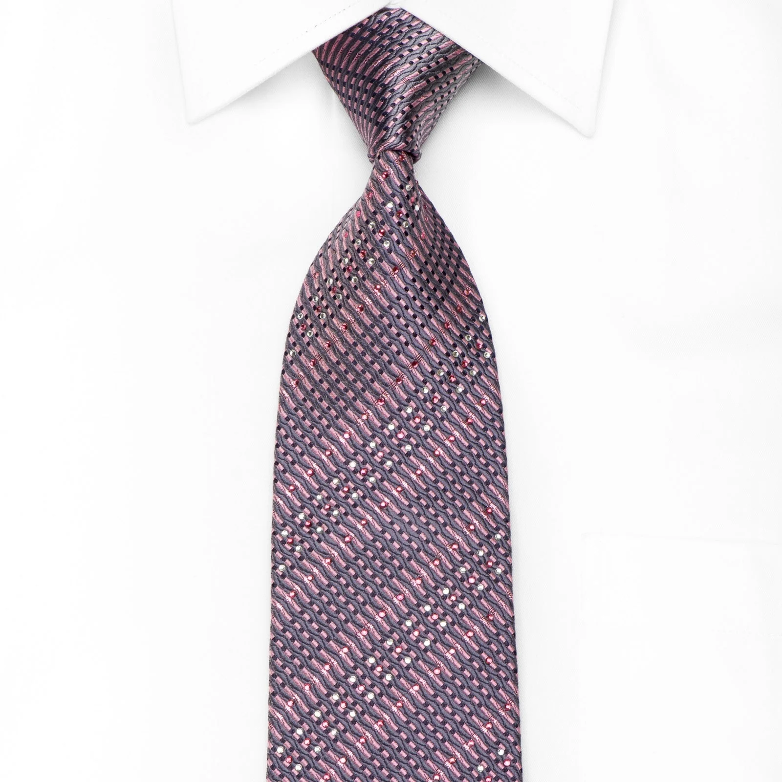 Vito Rufolo Men's Crystal Silk Tie Silver Pink Geometric With Metallic Sparkles