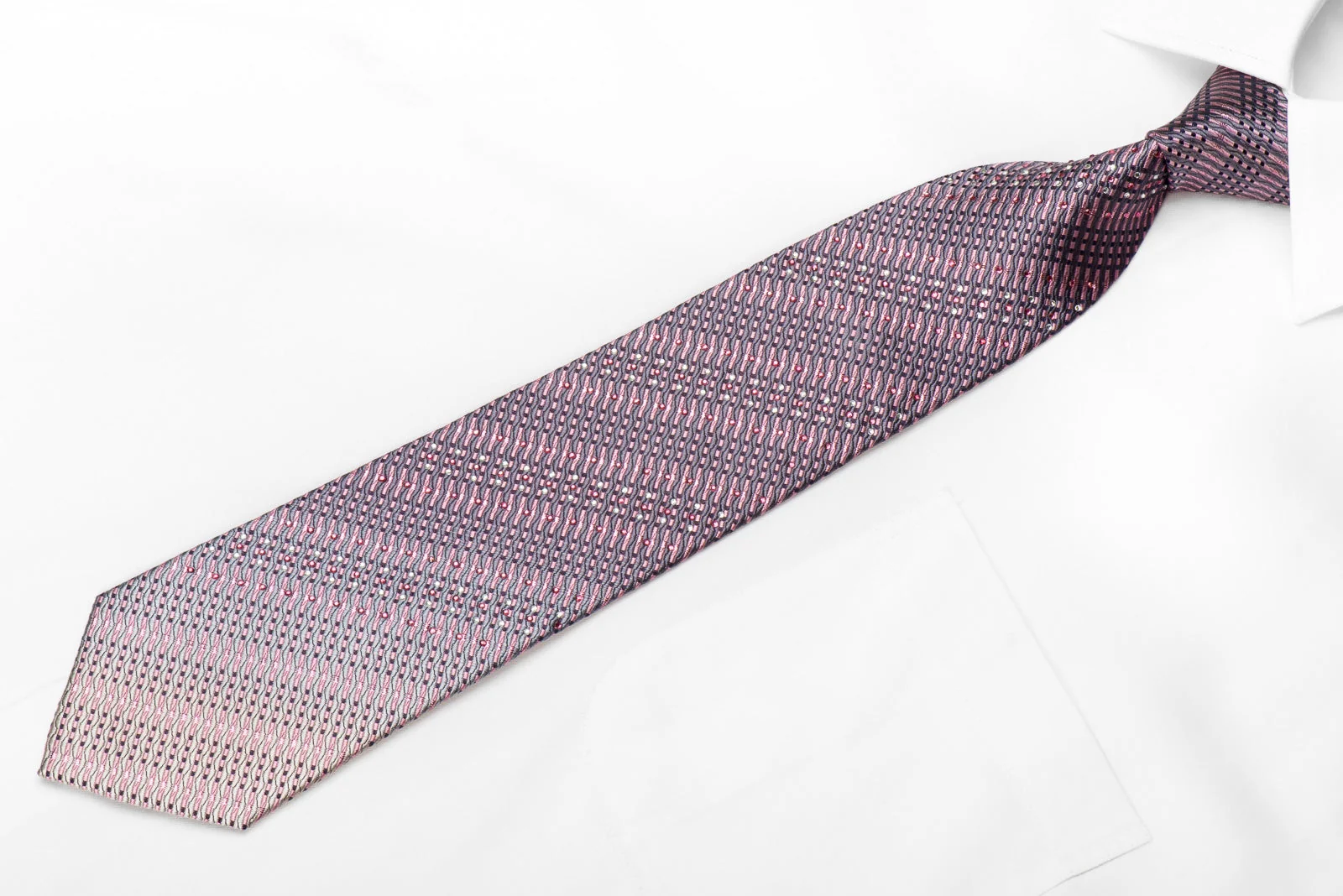 Vito Rufolo Men's Crystal Silk Tie Silver Pink Geometric With Metallic Sparkles - Image 2