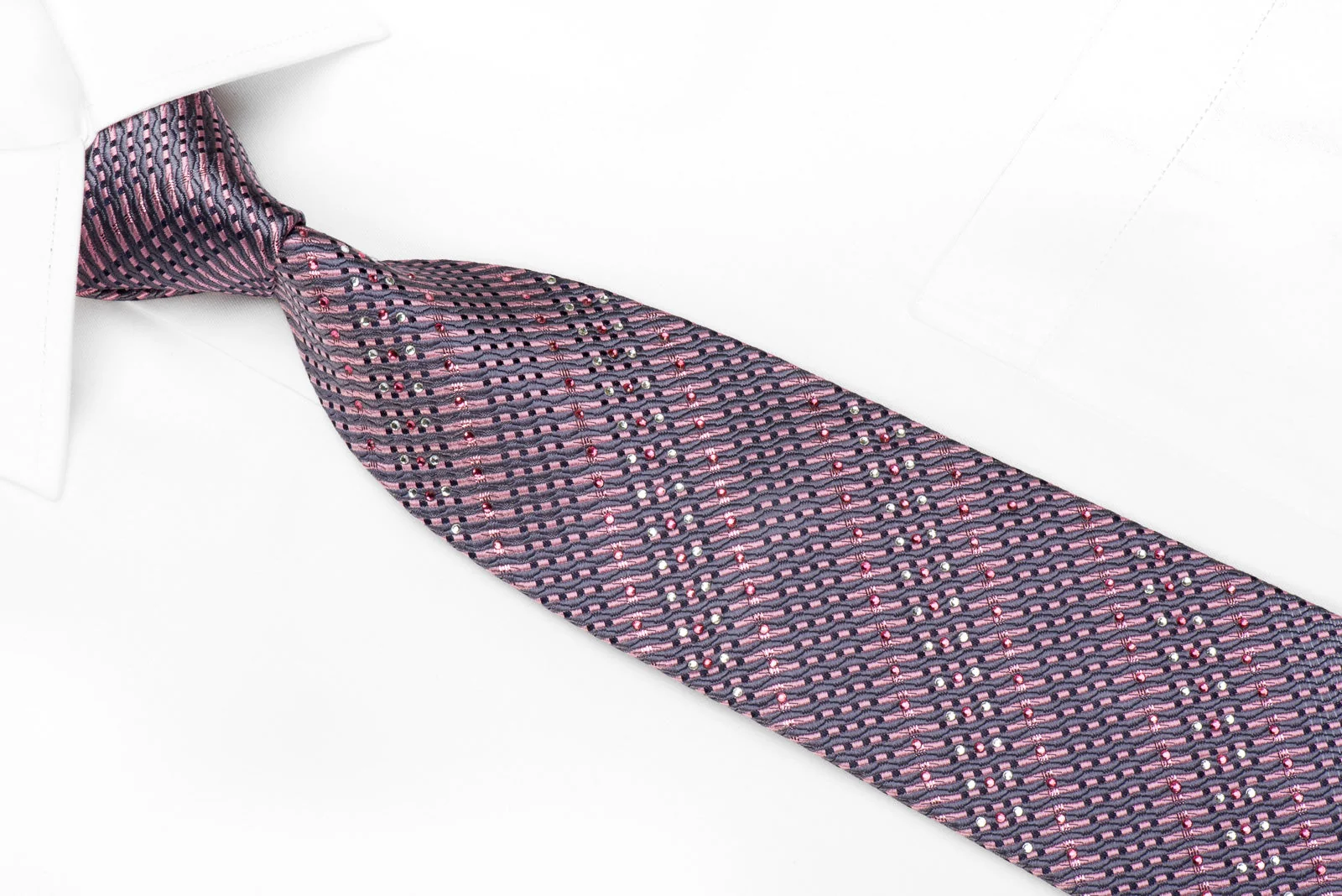 Vito Rufolo Men's Crystal Silk Tie Silver Pink Geometric With Metallic Sparkles - Image 3
