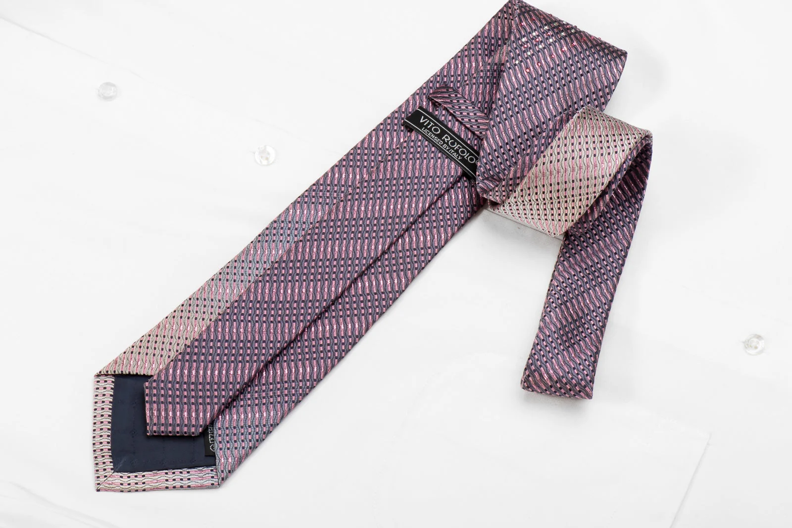 Vito Rufolo Men's Crystal Silk Tie Silver Pink Geometric With Metallic Sparkles - Image 4
