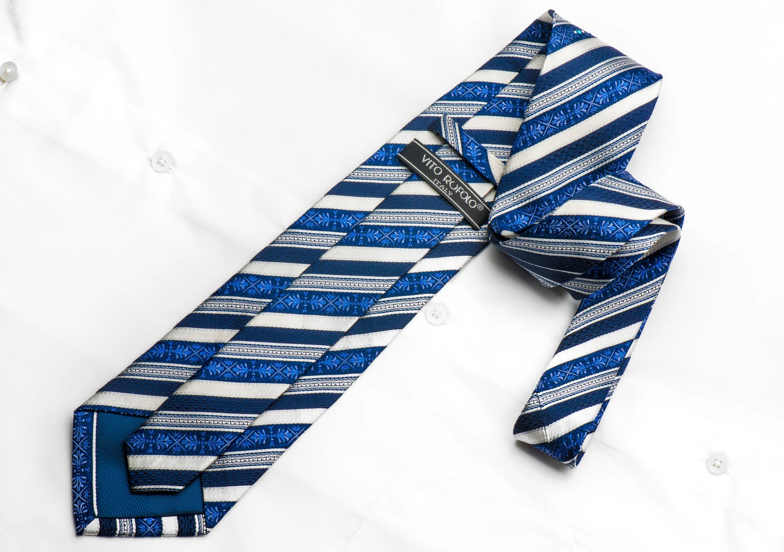 Vito Rufolo Men's Rhinestone Silk Necktie Silver Blue Striped With Sparkles - Image 4