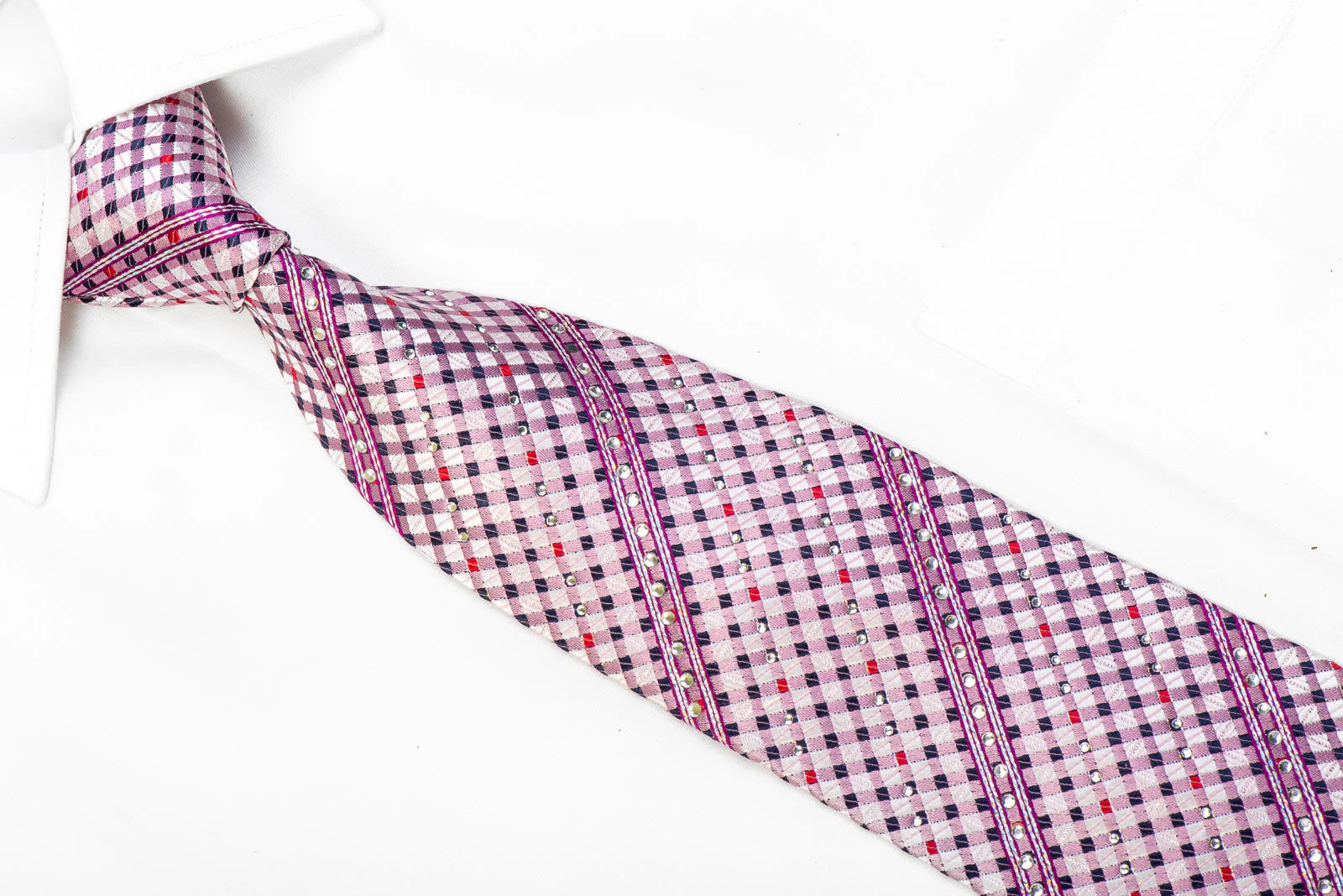 Vito Rufolo Men's Rhinestone Silk Necktie Striped On Pink With Silver Sparkles - Image 2