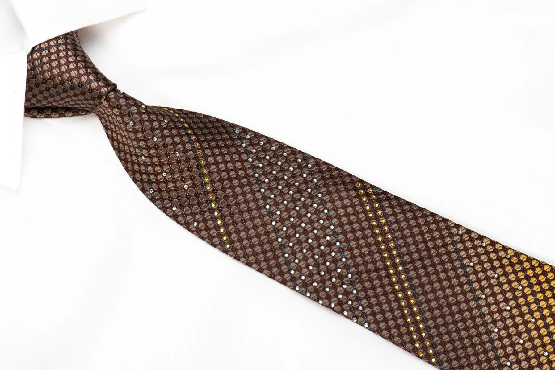 Vito Rufolo Men's Silk Necktie Gold Brown Geometric On Burgundy With Gold Sparkles - Image 2
