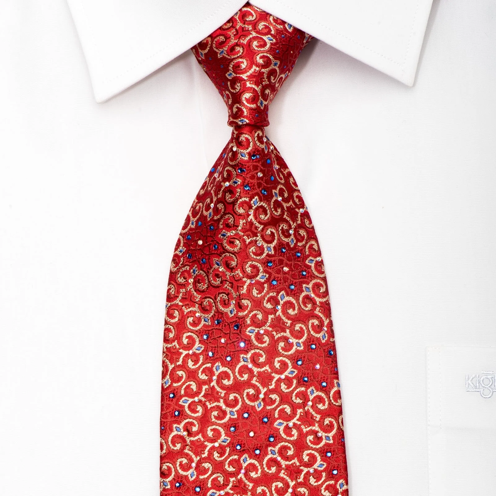 Vito Rufolo Men's Silk Necktie Golden Cartouche On Burgundy Sparkling With Rhinestones