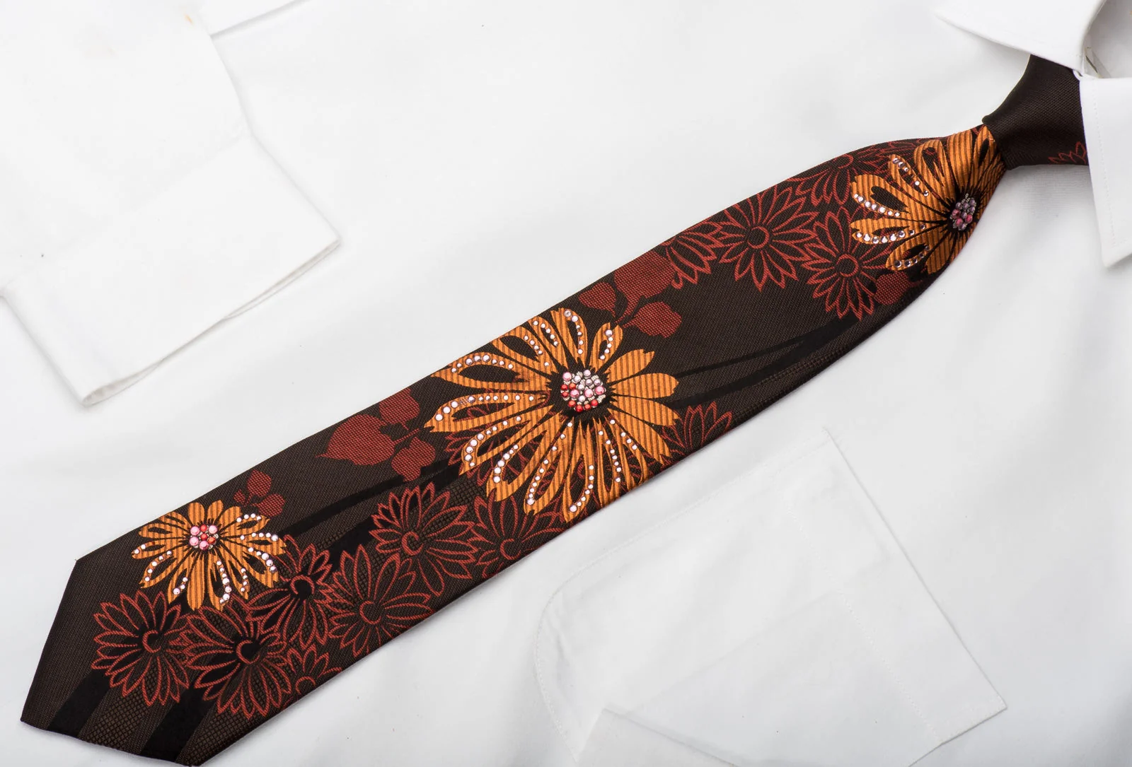 Vito Rufolo Men's Silk Necktie Orange Floral On Brown Sparkling With Rhinestones - Image 4