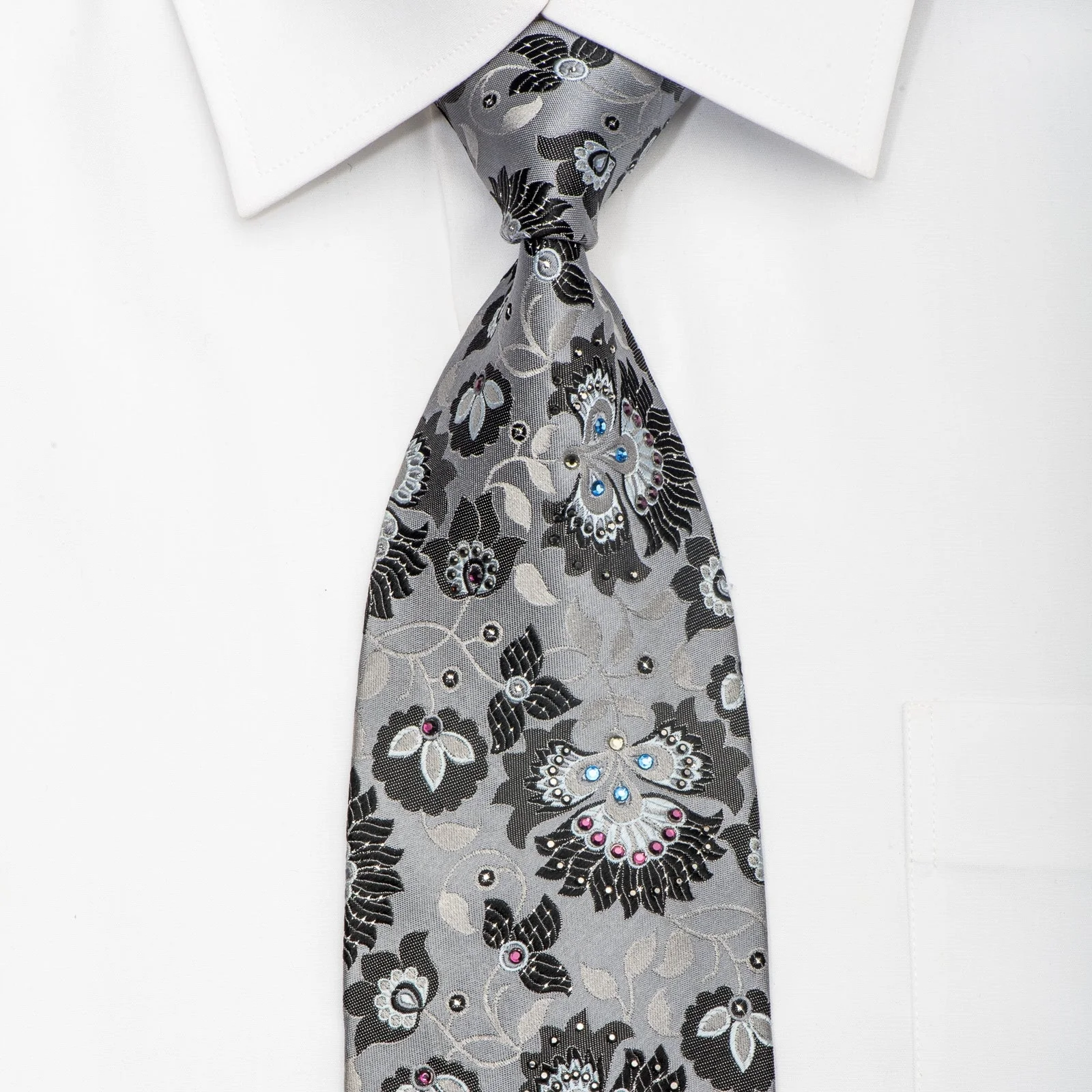 Vito Rufolo Men's Silk Tie Anthemion On Silver Sparkling With Rhinestones
