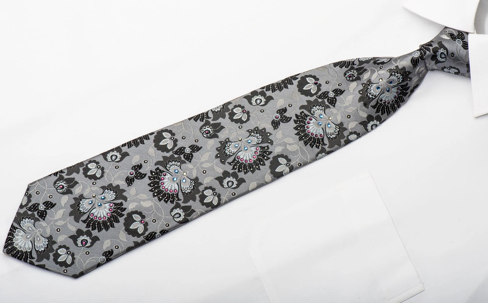 Vito Rufolo Men's Silk Tie Anthemion On Silver Sparkling With Rhinestones - Image 4