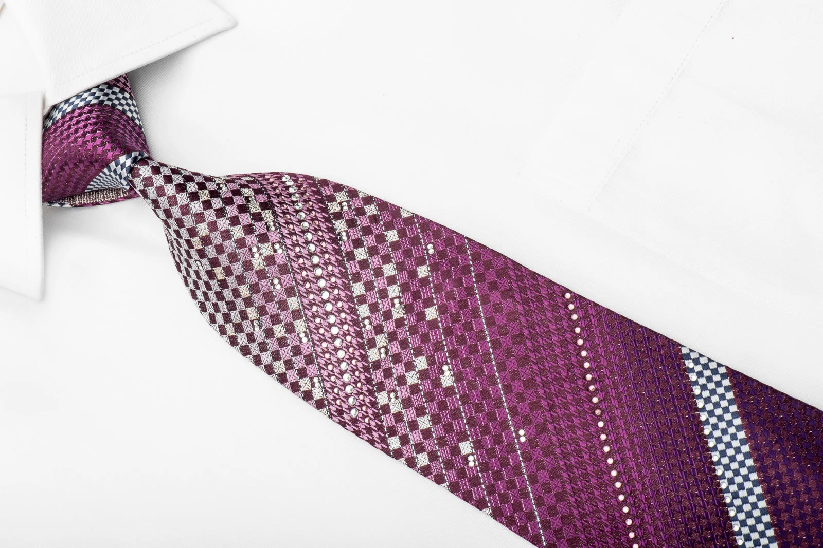 Vito Rufolo Mens Crystal Necktie Purple Silver Checker Striped With Silver Sparkles - Image 2