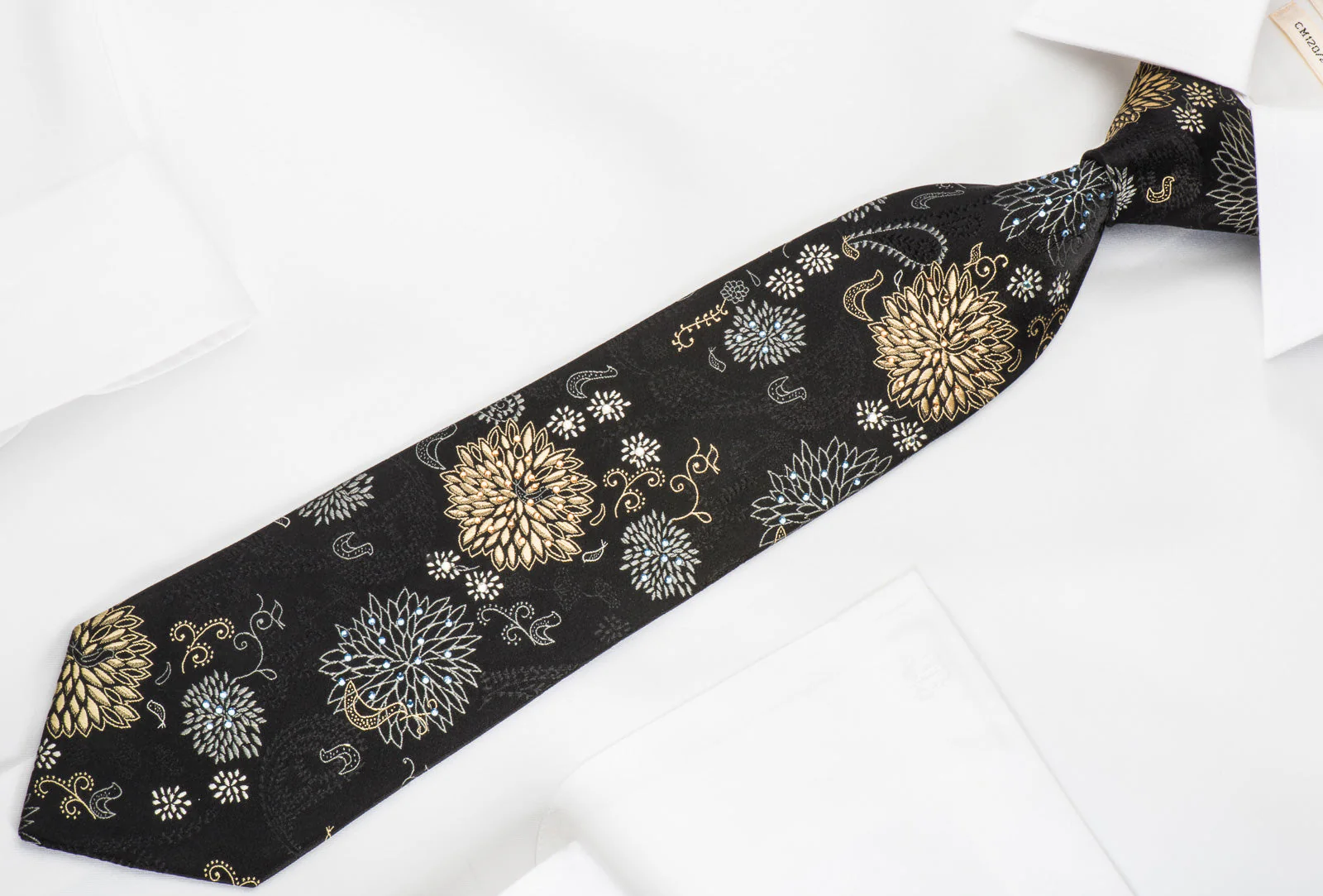 Vito Rufolo Rhinestone Silk Necktie Gold Silver Floral On Black - Image 3