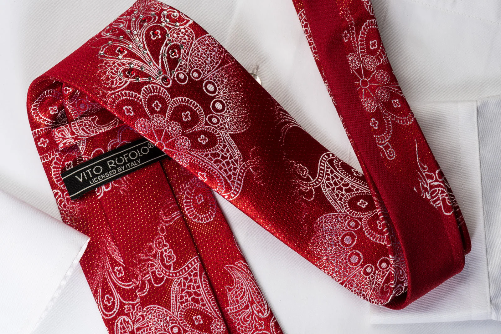Vito Rufolo Rhinestone Silk Necktie Silver Floral Paisley On Red With Golden Sparkles - Image 4