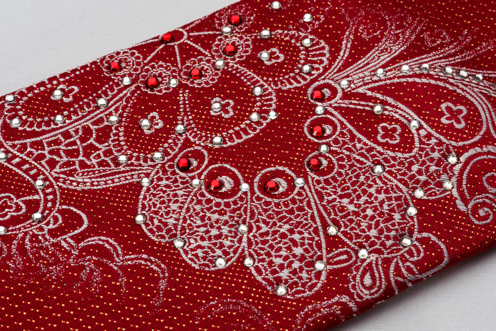 Vito Rufolo Rhinestone Silk Necktie Silver Floral Paisley On Red With Golden Sparkles - Image 6