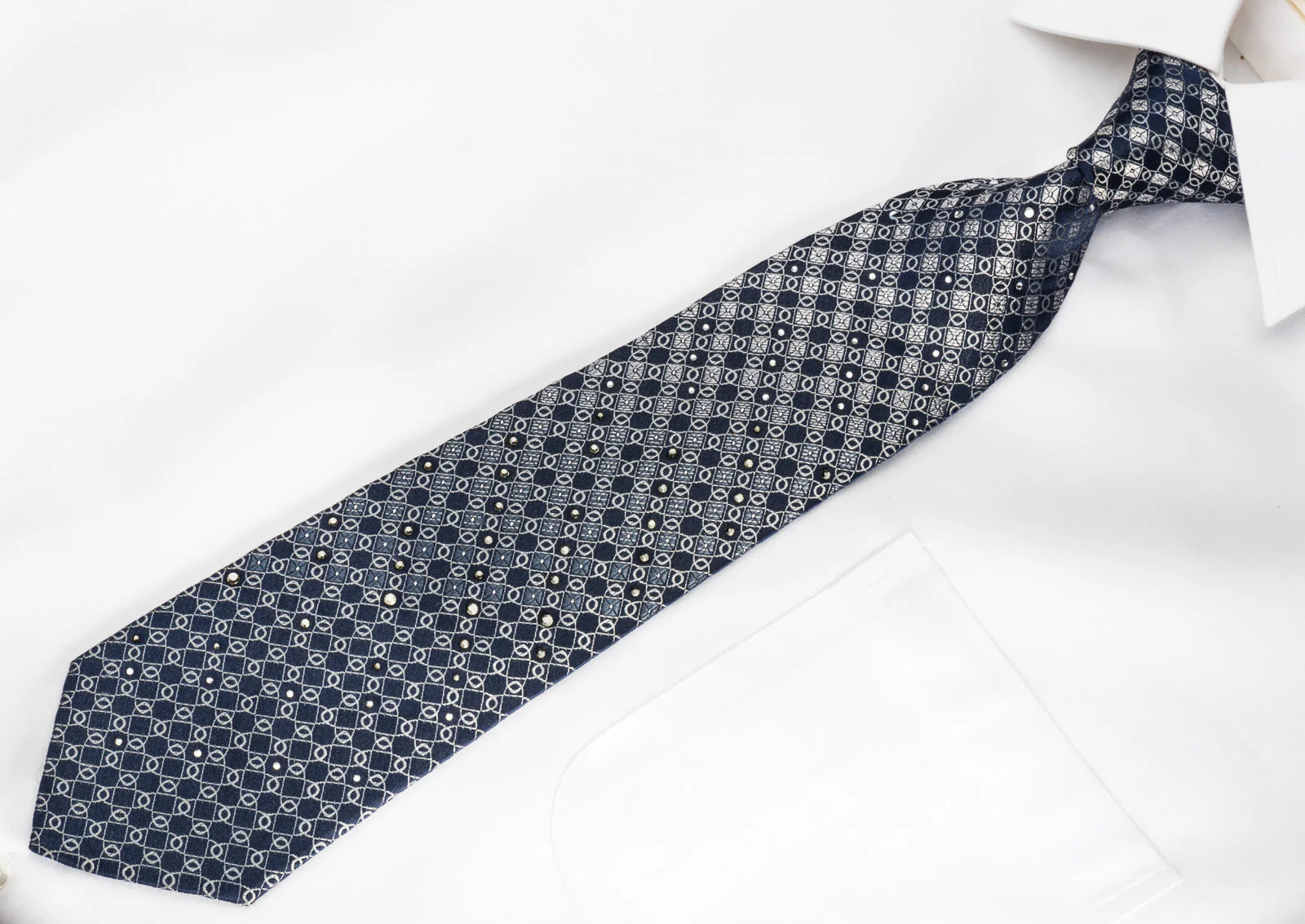 Vito Rufolo Rhinestone Silk Necktie Silver Ovals On Blue With Sparkles - Image 4