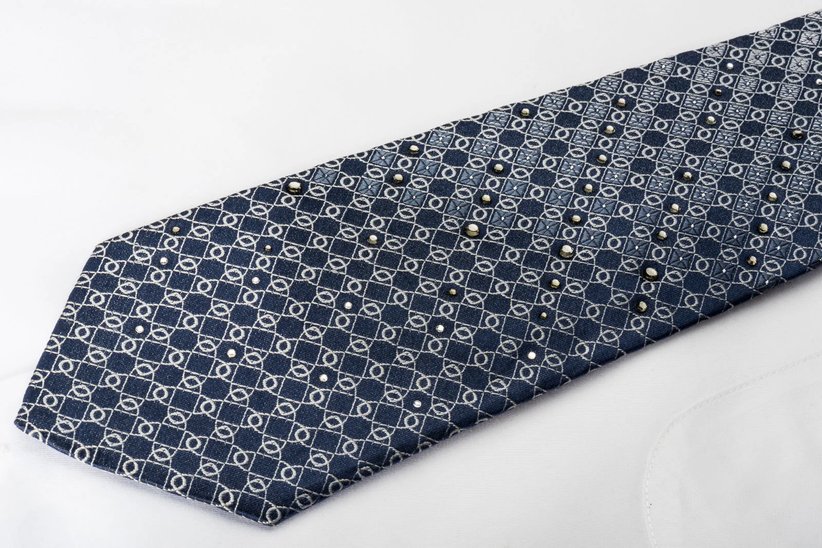 Vito Rufolo Rhinestone Silk Necktie Silver Ovals On Blue With Sparkles - Image 5